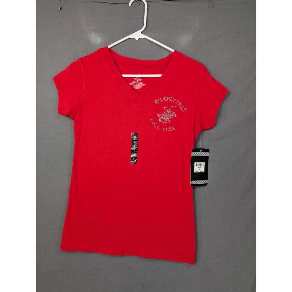 Beverly Hills Polo Club Womens V-Neck Rhinestone Logo T-Shirt Red S 7731